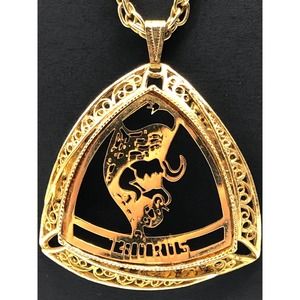 Taurus Zodiac Pendant Necklace Vintage Cut Out Gold Tone